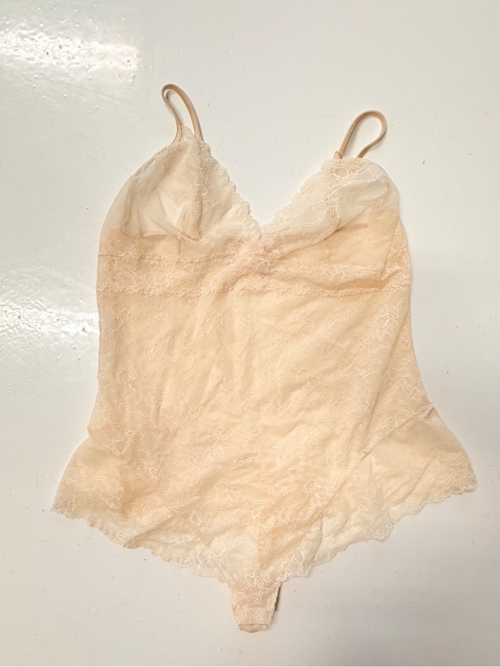 Victoria Secrets Sheer Lace Vintage Teddy Bodysuit in Light Beige